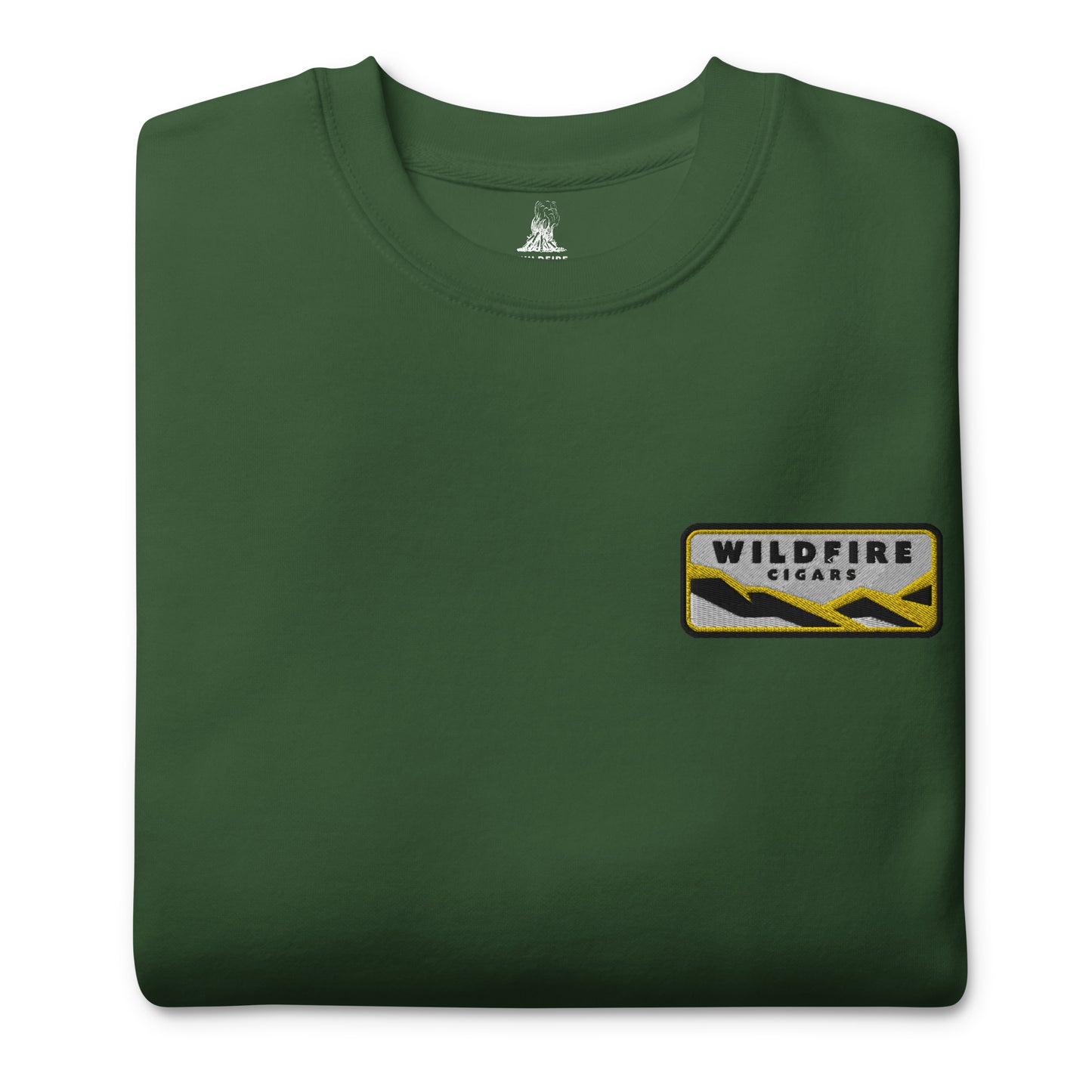 Wildfire Cigars embroidered left chest on forest green premium sweatshirt folded