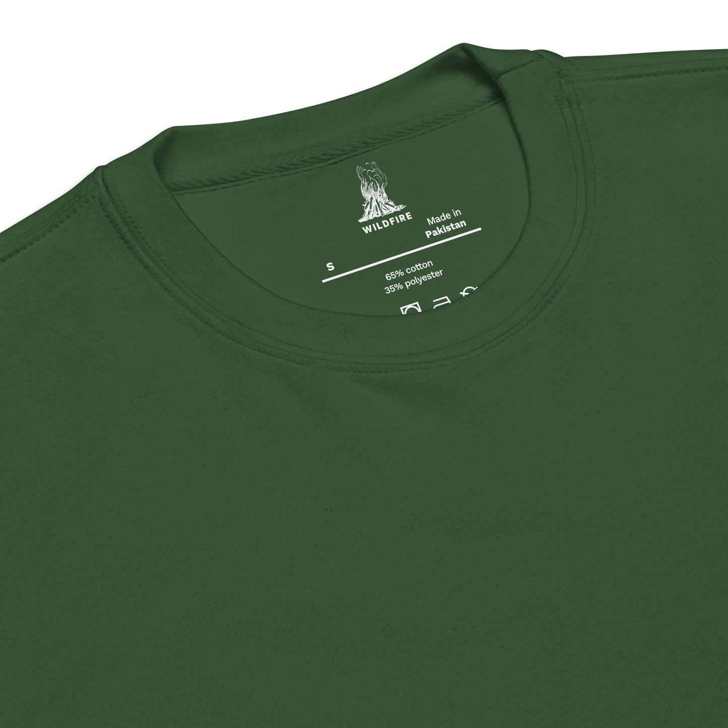 Wildfire Cigars embroidered left chest on forest green premium sweatshirt inside label details