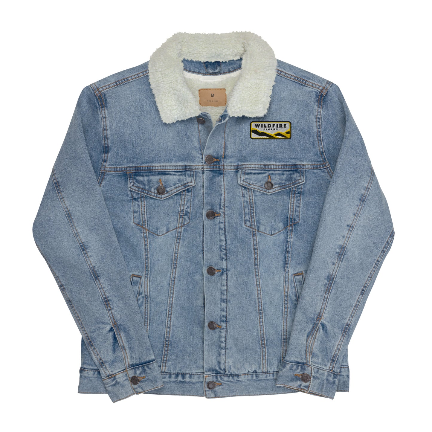 Wildfire Cigars embroidered denim sherpa jacket facing the front