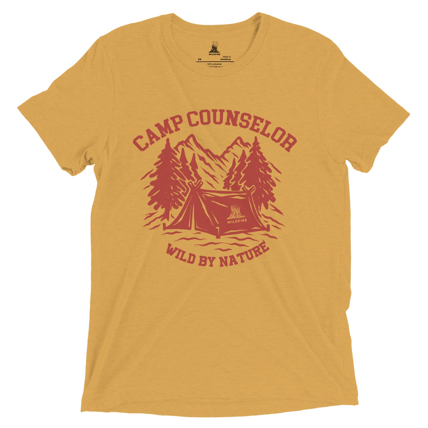 Wildfire Cigars Camp Counselor tri-blend red on mustard t-shirt from the front