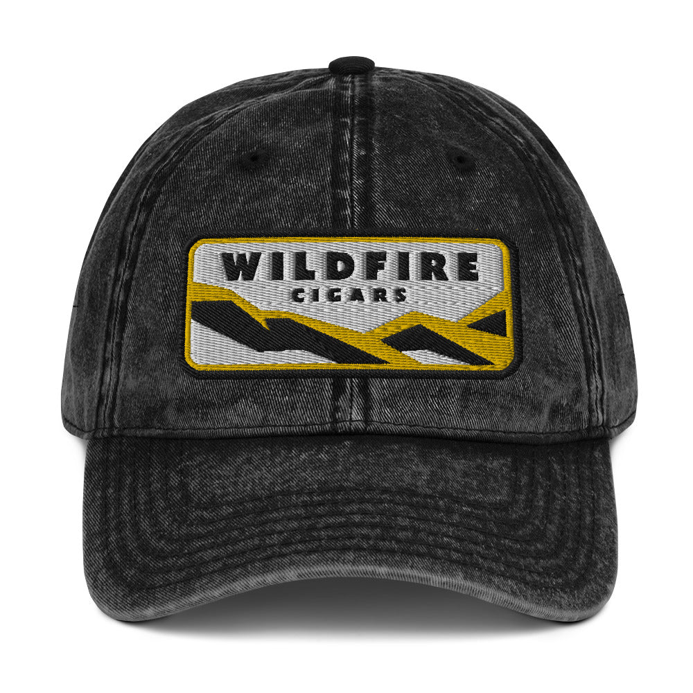 Wildfire Cigars embroidered vintage dad hat in black facing the front