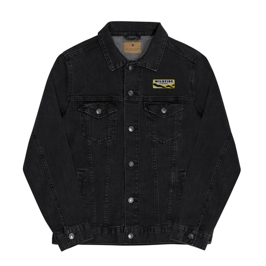 Wildfire Cigars embroidered black denim jacket facing the front
