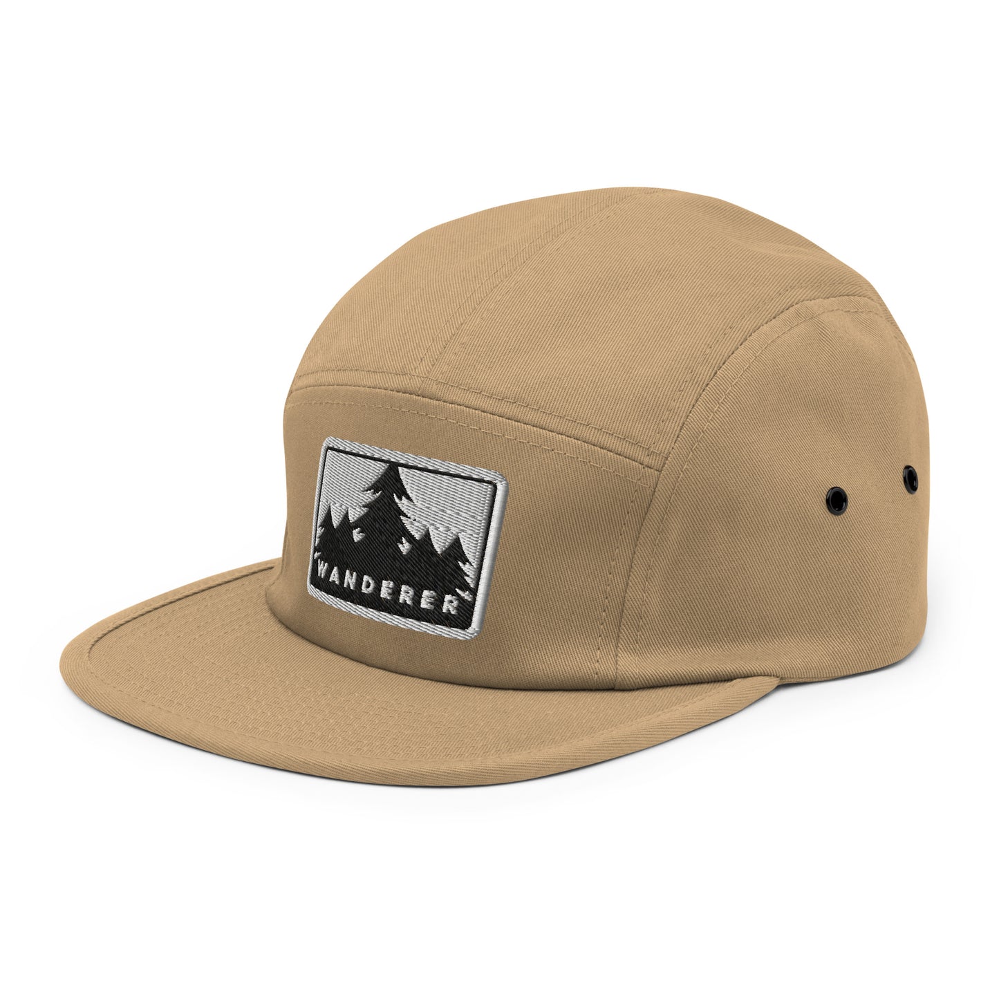 Wildfire Cigars embroidered Wanderer 5 panel cap in khaki facing the front left