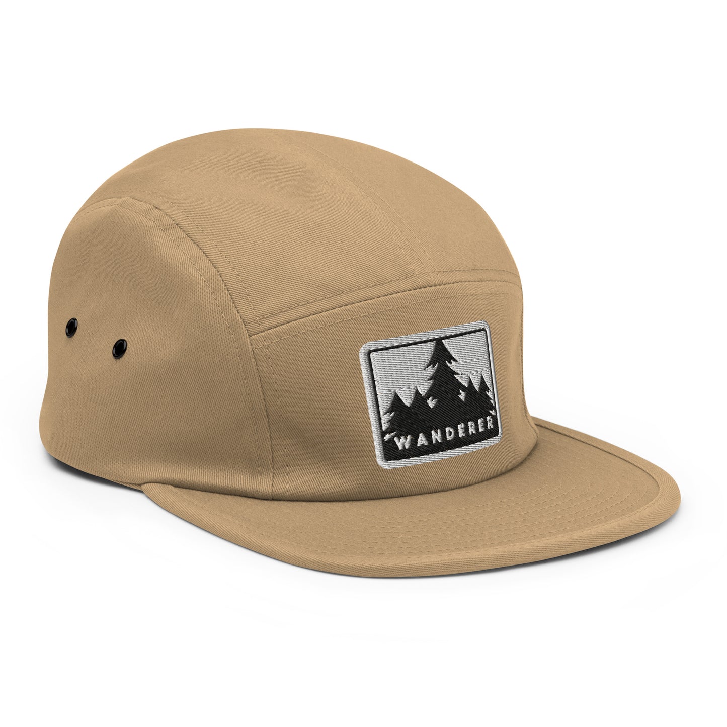 Wildfire Cigars embroidered Wanderer 5 panel cap in khaki facing the front right