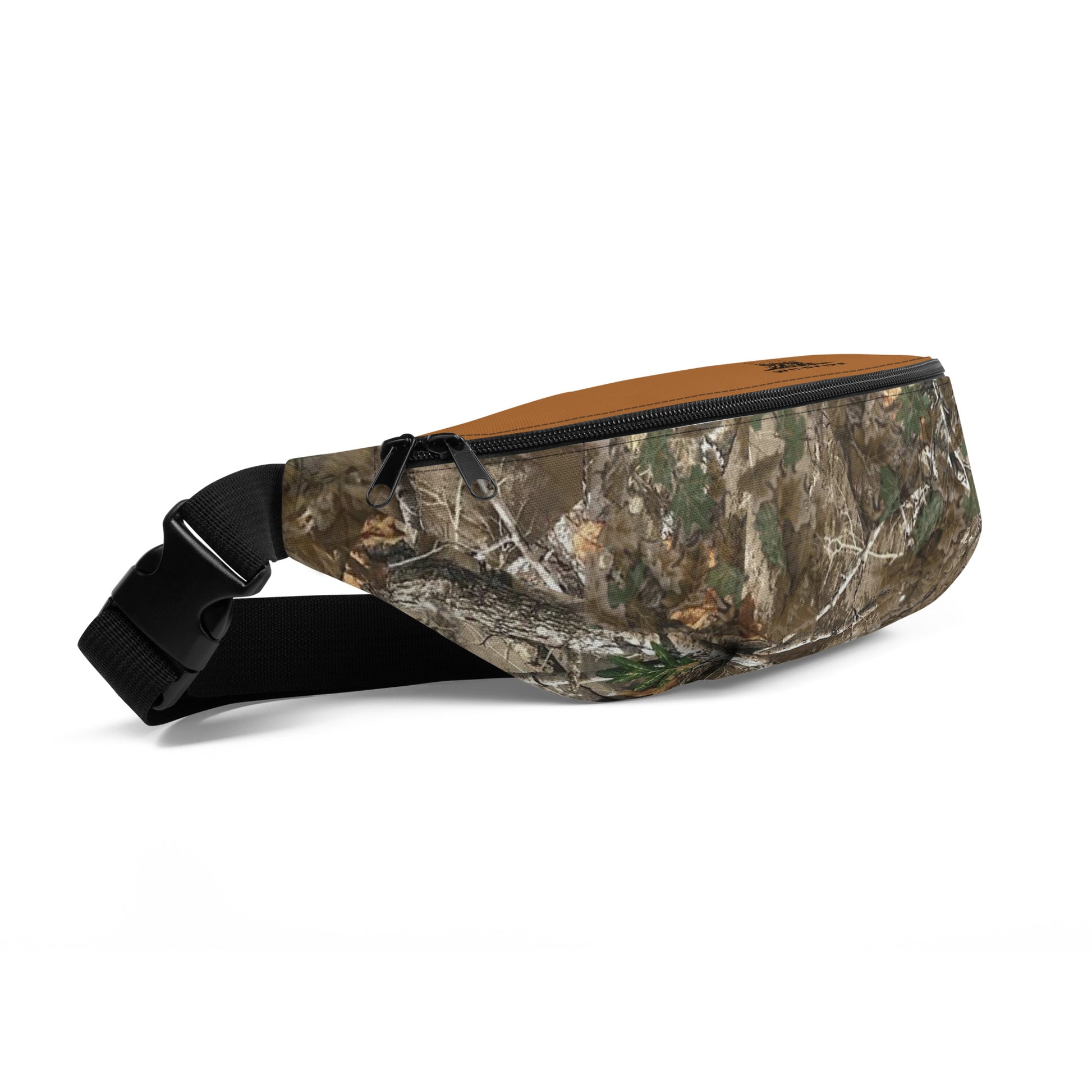 Wildfire Cigars camouflage and brown logo fanny pack facing the front left