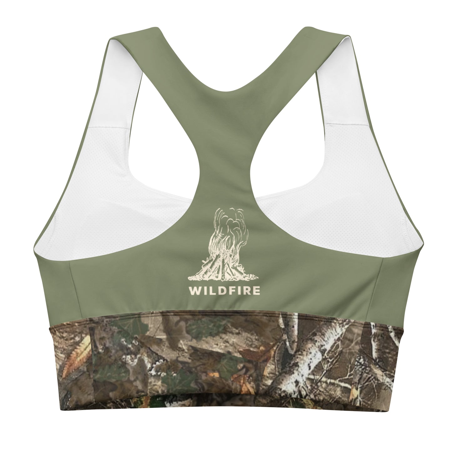 Wildfire Cigars green and camouflage activewear longline sports bra facing the back