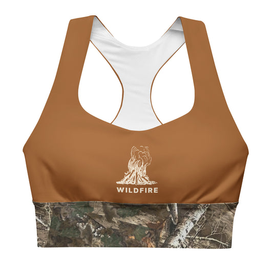 Wildfire Cigars Camel and Camouflage longline sports bra front view