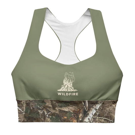 Wildfire Cigars green and camouflage activewear longline sports bra facing the front