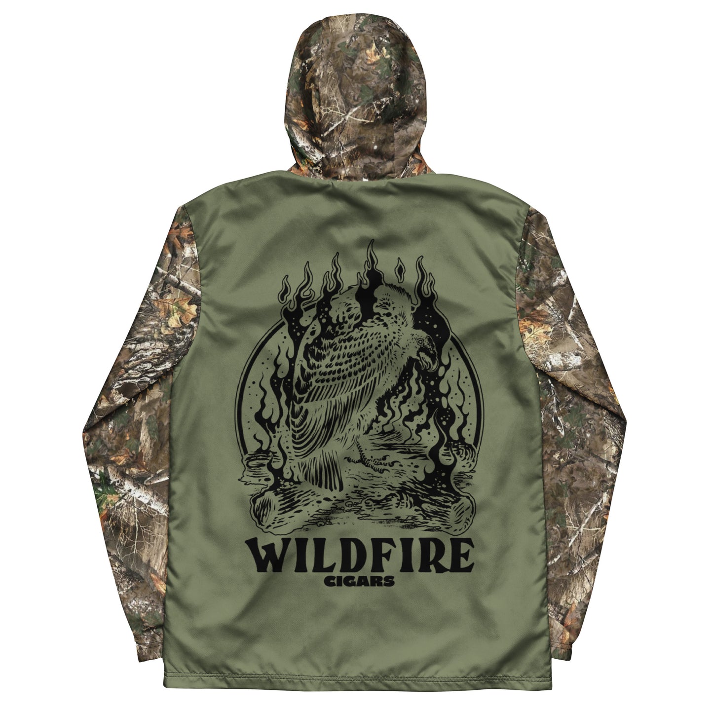 Wildfire Cigars Camouflage and green vulture windbreaker facing the back