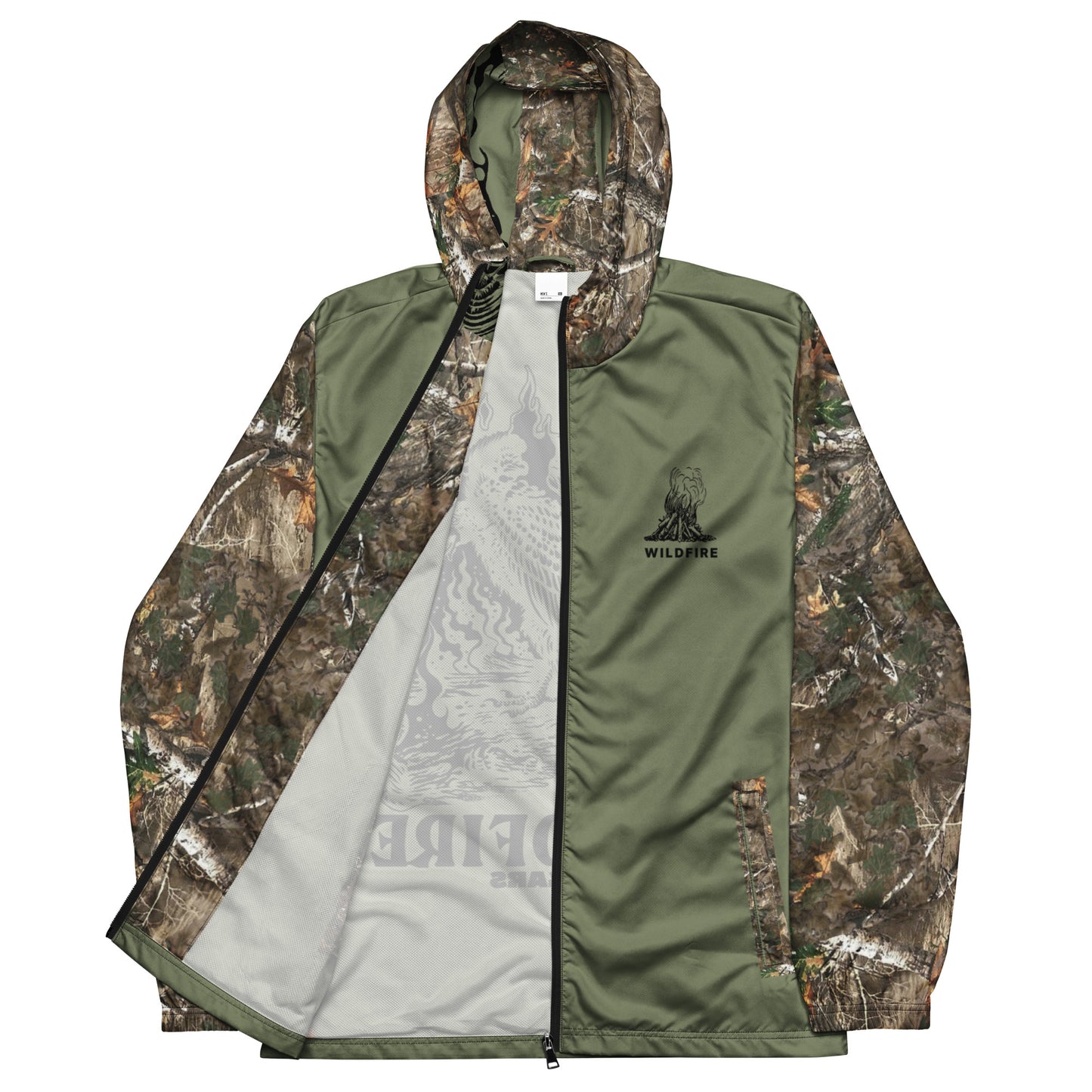 Wildfire Cigars Camouflage and green vulture windbreaker facing the front