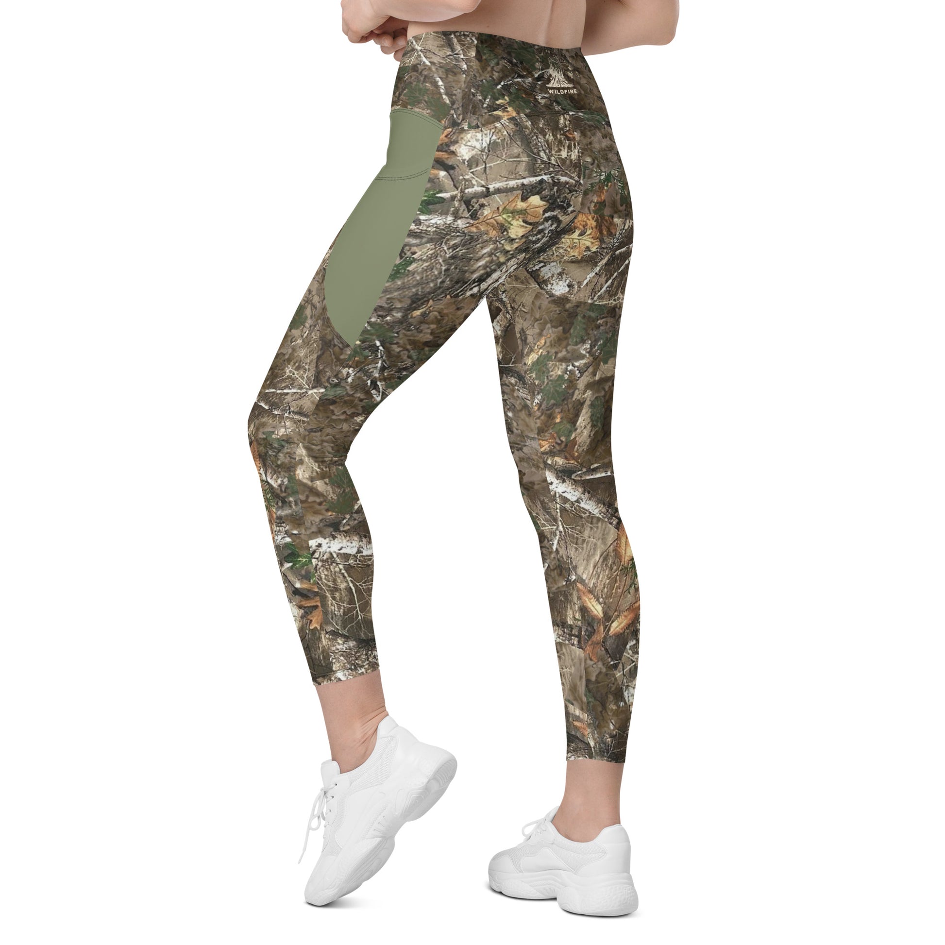 Wildfire Cigars Camouflage and military green activewear leggings facing the back left