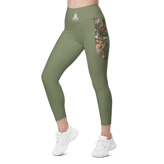 Wildfire Cigars green and camouflage activewear leggings facing the front left
