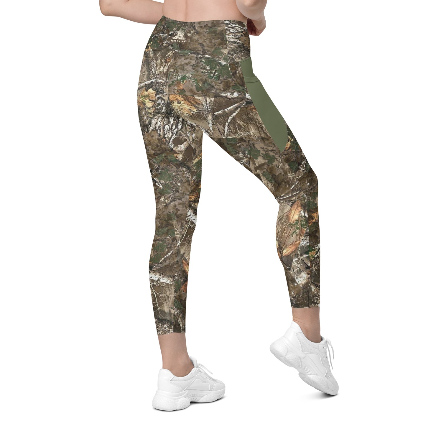 Wildfire Cigars Camouflage and military green activewear leggings facing the back right