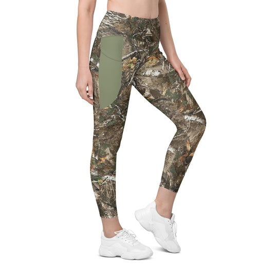 Wildfire Cigars Camouflage and military green activewear leggings facing the front right