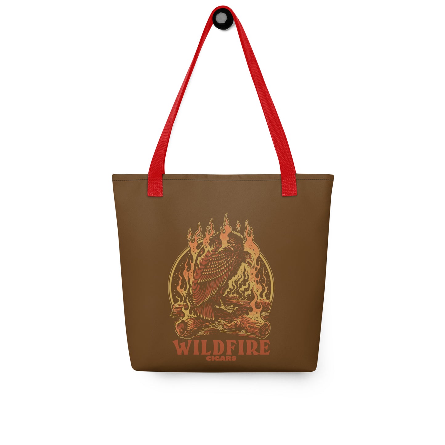 Wildfire Cigars Vulture on Campfire brown tote bag with red handle facing the front