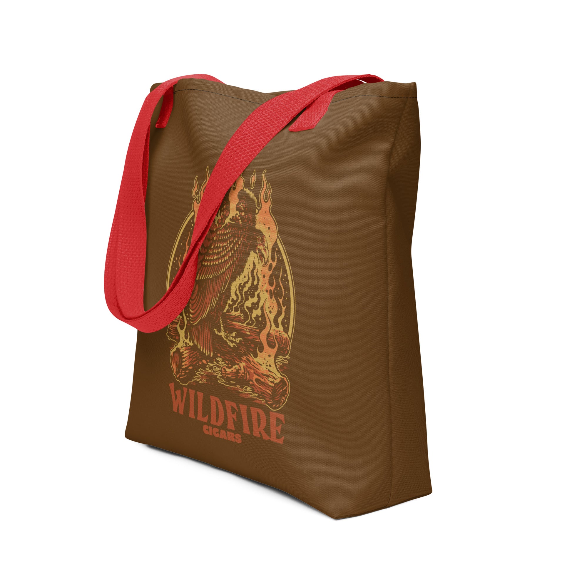 Wildfire Cigars Vulture on Campfire brown tote bag with red handle facing the front left