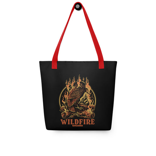 Wildfire Cigars Vulture on Campfire black tote bag with red handle facing the front
