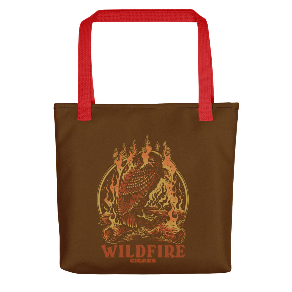 Wildfire Cigars Vulture on Campfire brown tote bag with red handle facing the front