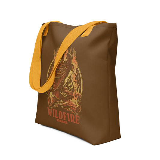 Wildfire Cigars Vulture on Campfire brown tote bag with gold handle facing the front left