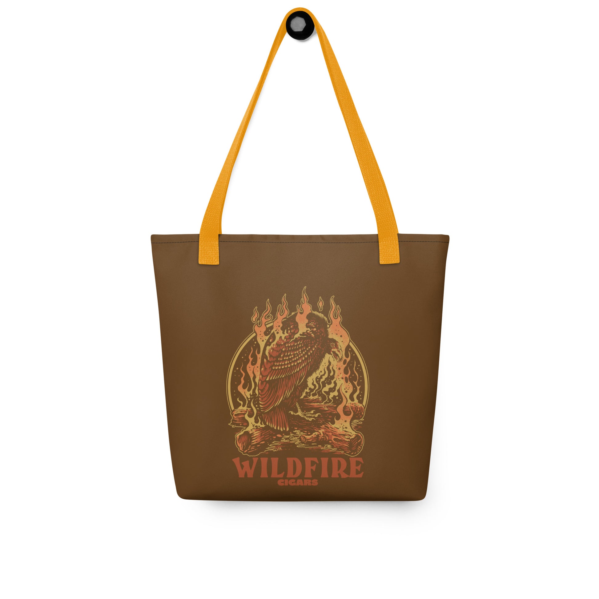 Wildfire Cigars Vulture on Campfire brown tote bag with gold handle facing the front