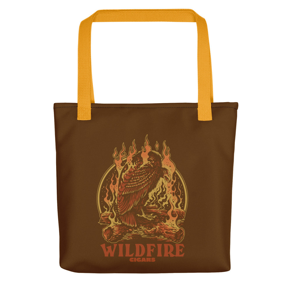 Wildfire Cigars Vulture on Campfire brown tote bag with gold handle facing the front