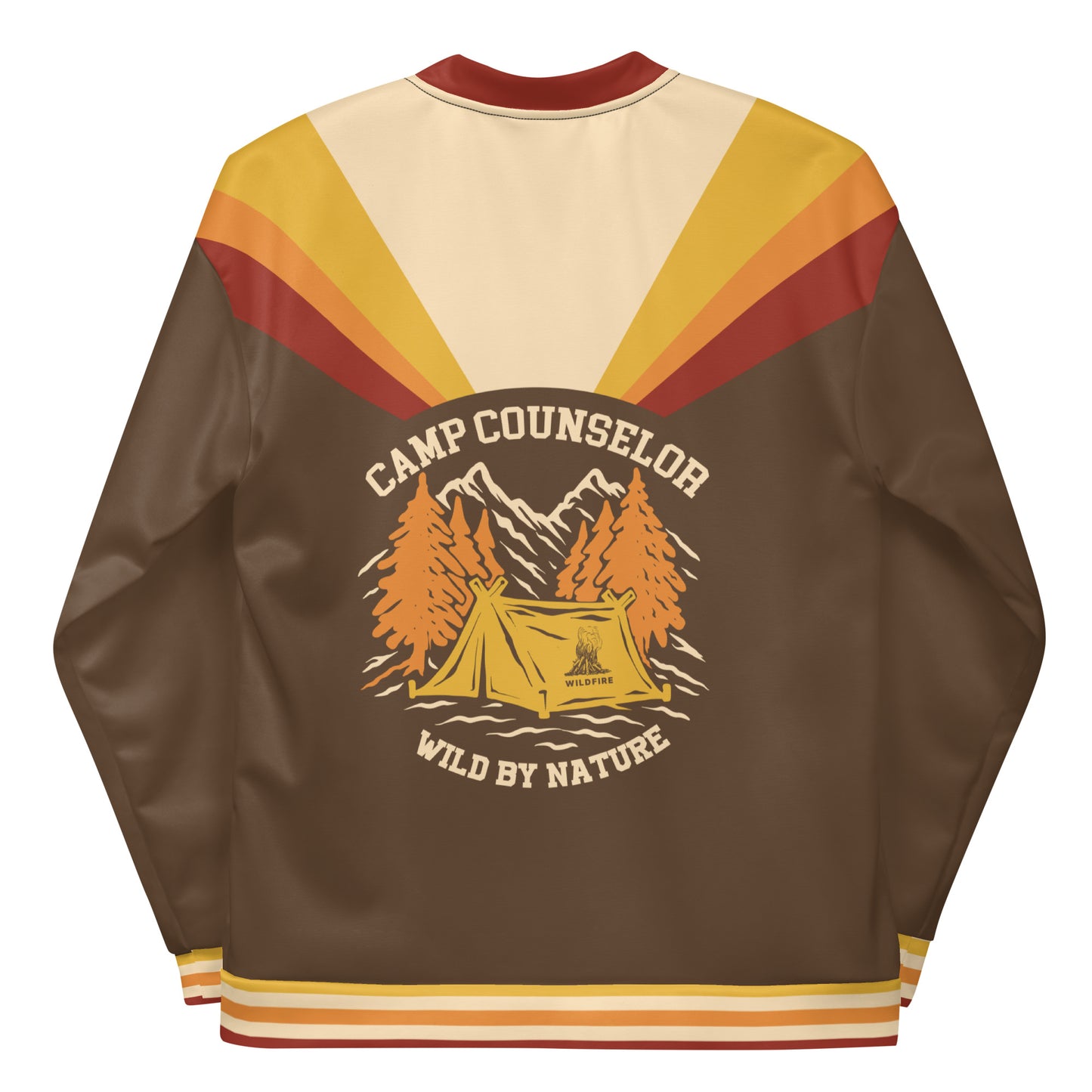 Wildfire Cigars Camp Counselor all over printed light jacket in brown, red, gold, and cream facing the back