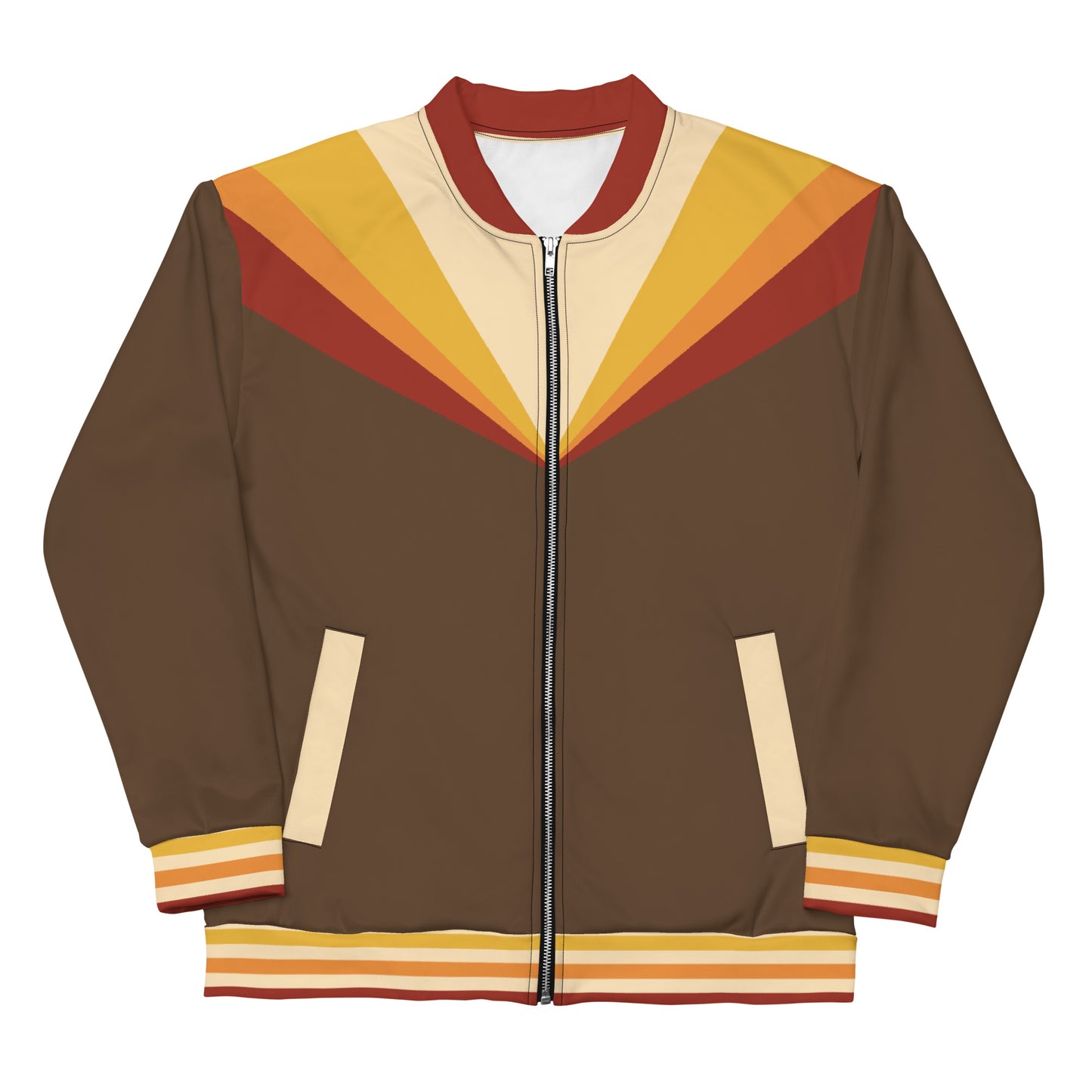 Wildfire Cigars Camp Counselor all over printed light jacket in brown, red, gold, and cream facing the front