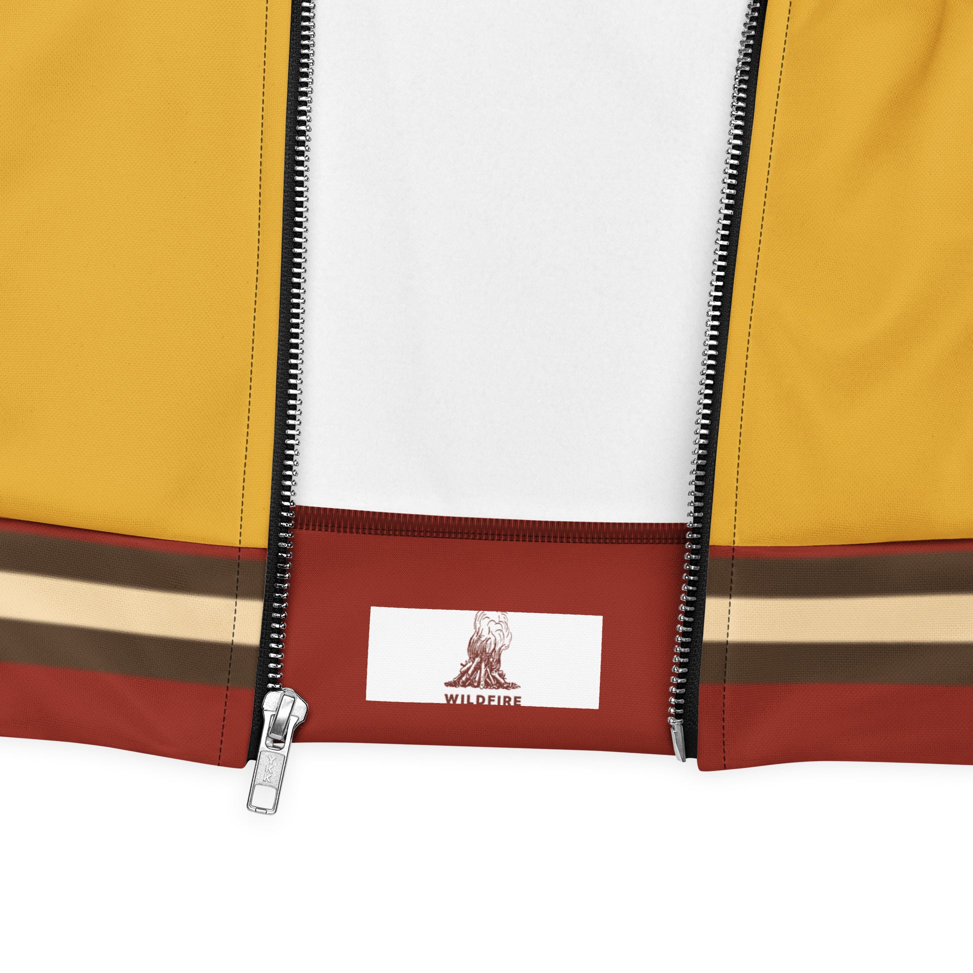 Wildfire Cigars all over printed light jacket in gold red brown and cream zoomed in on inside label