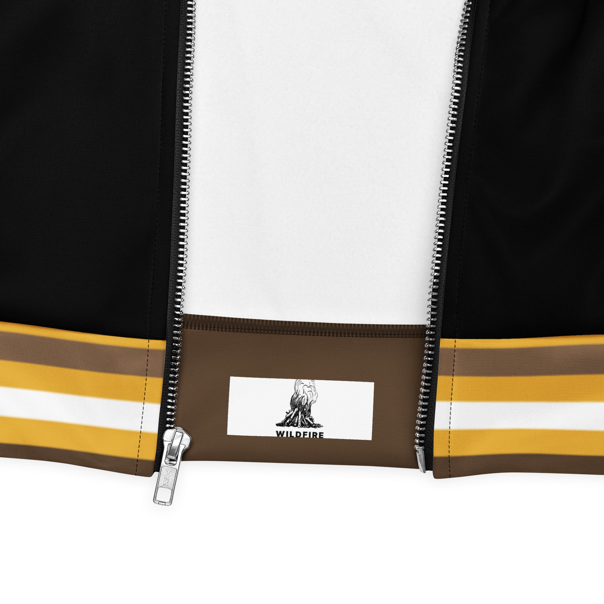 Wildfire Cigars Camp Counselor all over print light jacket in black white brown and gold zoomed in on inside label