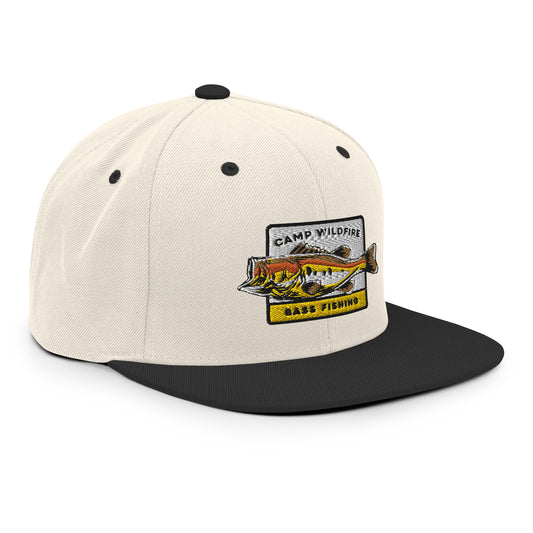 Wildfire Cigars Camp Wildfire Bass Fishing, embroidered, cream and black, snapback cigar hat, facing the front right