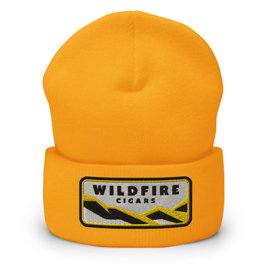 Wildfire Cigars embroidered cuffed beanie in gold from the front