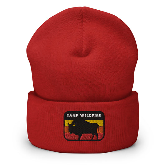 Wildfire Cigars embroidered Camp Wildfire Bison red cuffed beanie front view