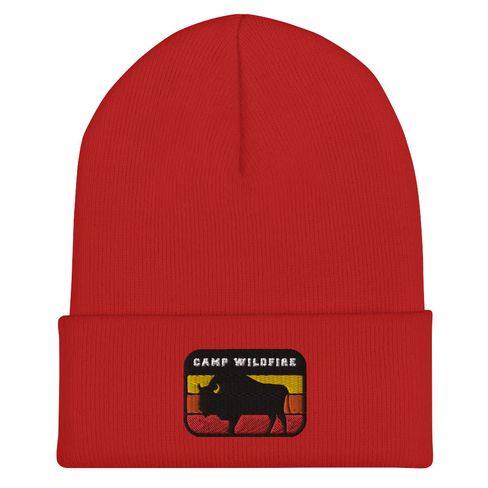 Wildfire Cigars embroidered Camp Wildfire Bison red cuffed beanie front view