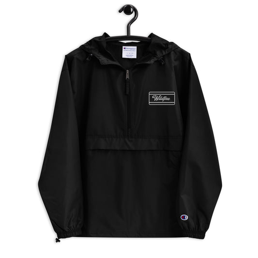 Wildfire Cigars embroidered black packable jacket on hanger facing the front