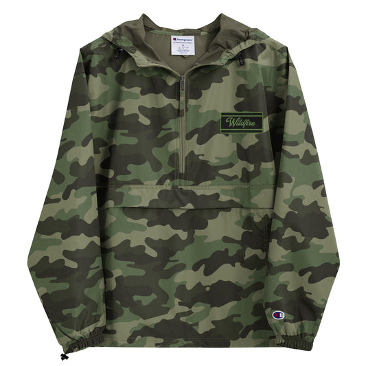 Wildfire Cigars embroidered camouflage packable jacket facing the front