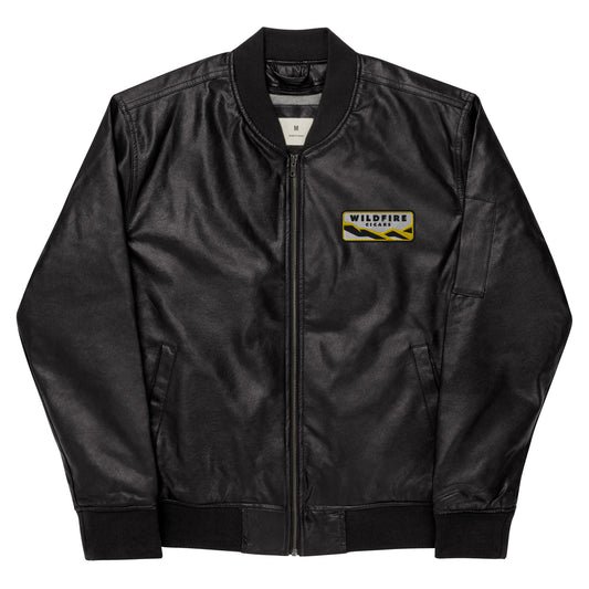 Wildfire Cigars embroidered faux leather bomber jacket in black facing the front