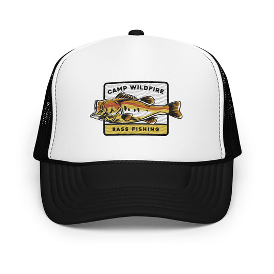 Wildfire Cigars Camp Wildfire Bass Fishing embroidered black and white foam trucker hat facing the front