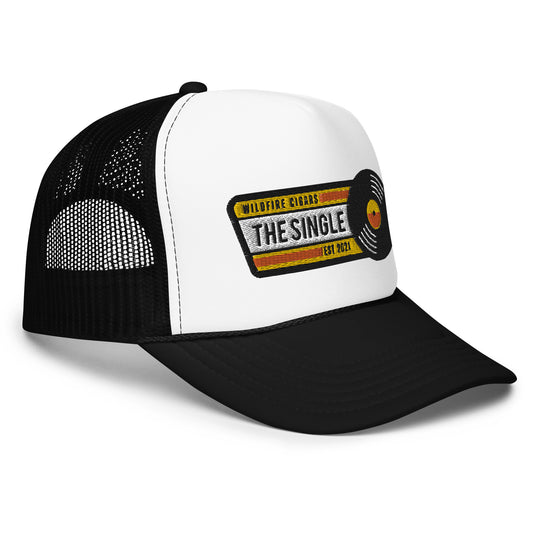 Wildfire Cigars The Single embroidered black and white foam trucker cigar hat front right view