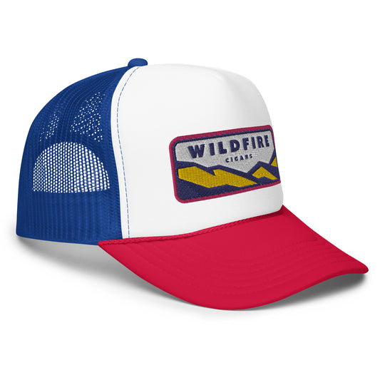 Wildfire Cigars embroidered red white and blue foam cigar trucker hat front right view