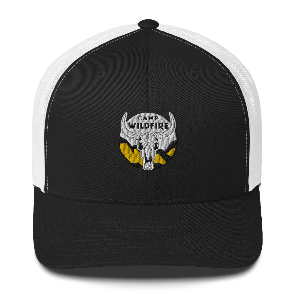 Wildfire Cigars embroidered bison skull retro trucker in black and white facing front