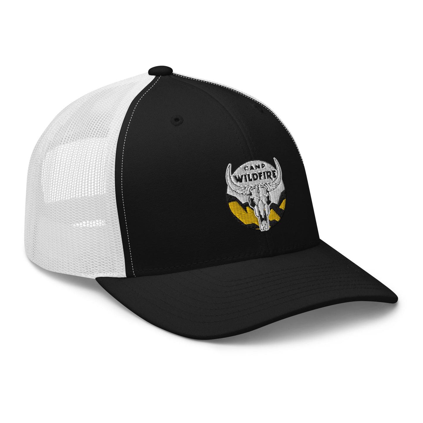 Wildfire Cigars embroidered bison skull retro trucker in black and white facing front right