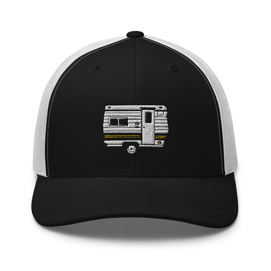 Wildfire Cigars embroidered camper trucker hat in black and white facing the front