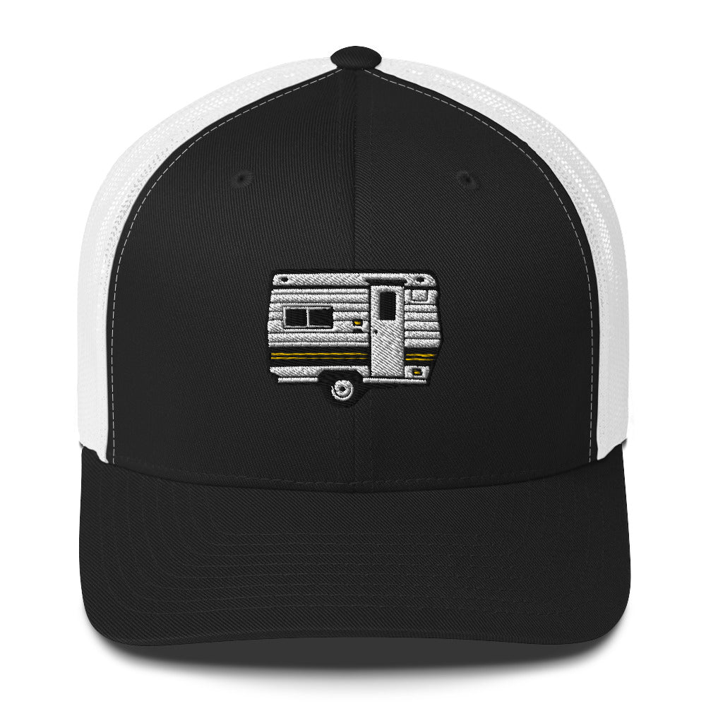 Wildfire Cigars embroidered camper trucker hat in black and white facing the front