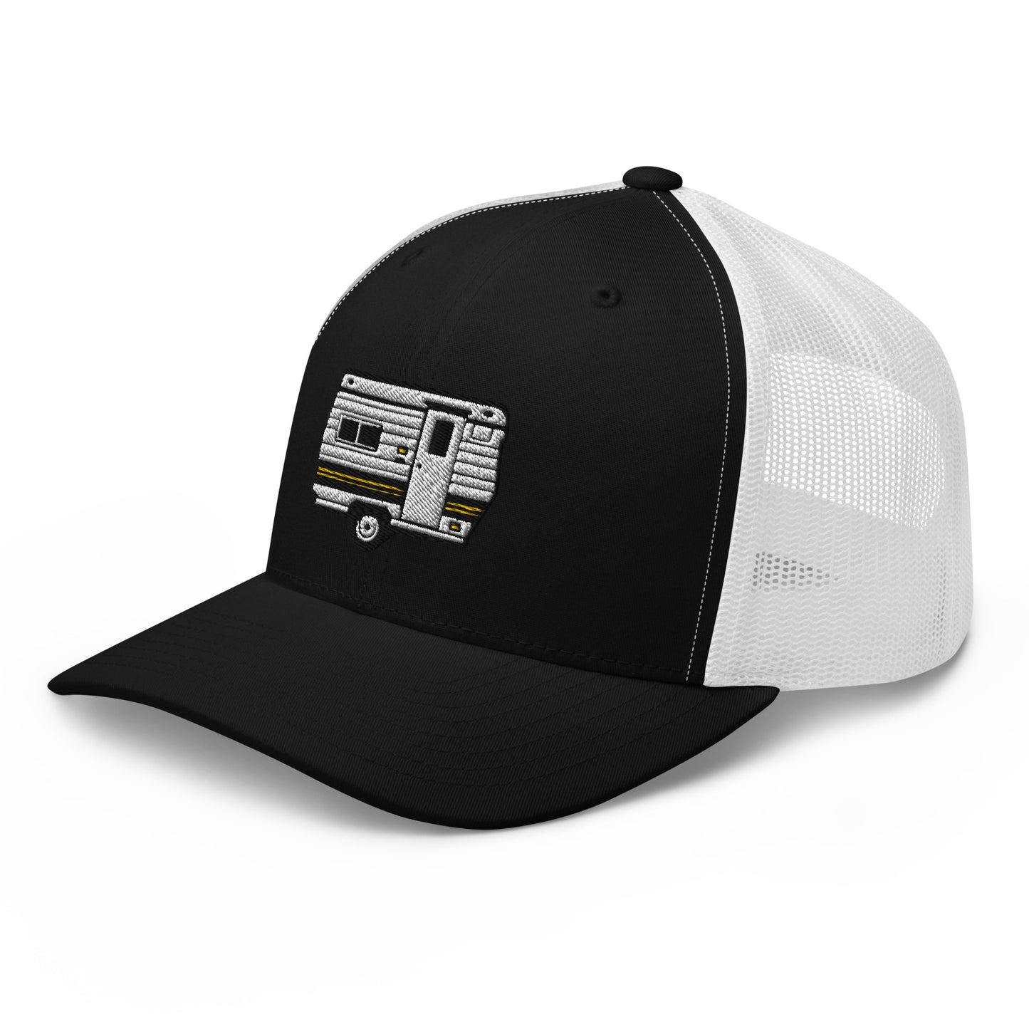 Wildfire Cigars embroidered camper trucker hat in black and white facing the left front