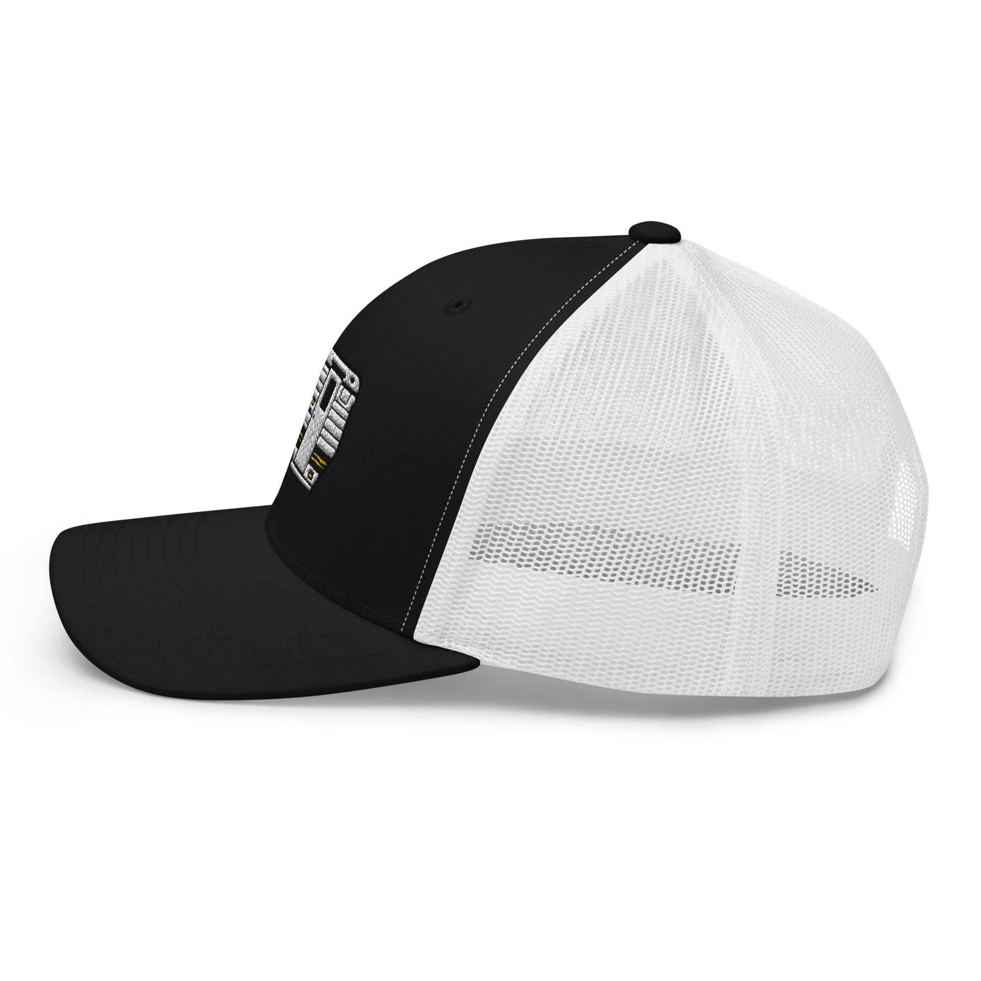 Wildfire Cigars embroidered camper trucker hat in black and white facing the left