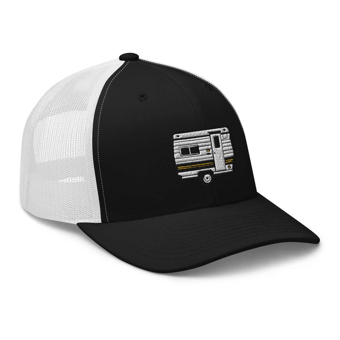 Wildfire Cigars embroidered camper trucker hat in black and white facing the front right