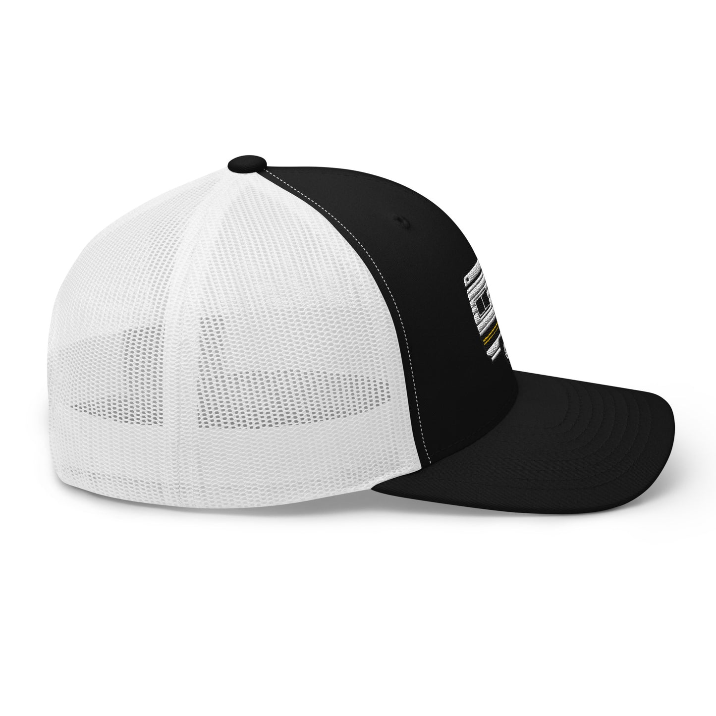 Wildfire Cigars embroidered camper trucker hat in black and white facing the right