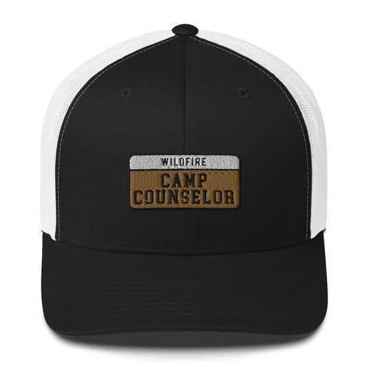 Wildfire Cigars embroidered Camp Counselor retro trucker in black and white facing the front
