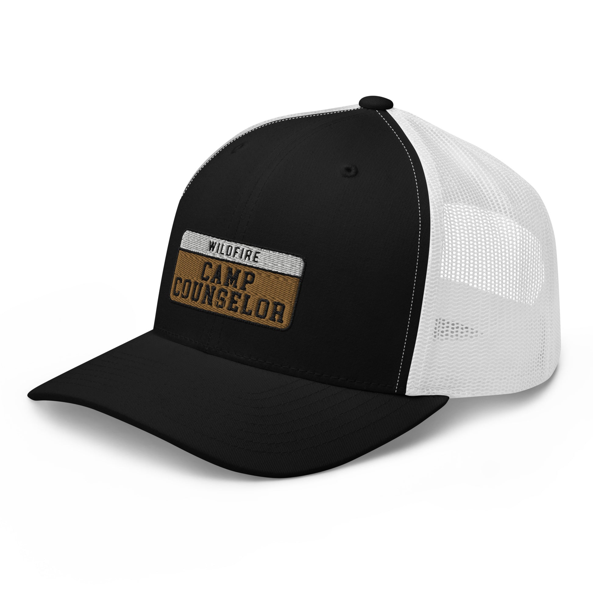 Wildfire Cigars embroidered Camp Counselor retro trucker in black and white facing the front left