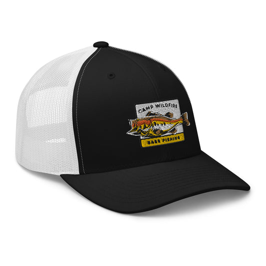 Wildfire Cigars embroidered Camp Wildfire Bass Fishing retro black and white trucker hat front right view